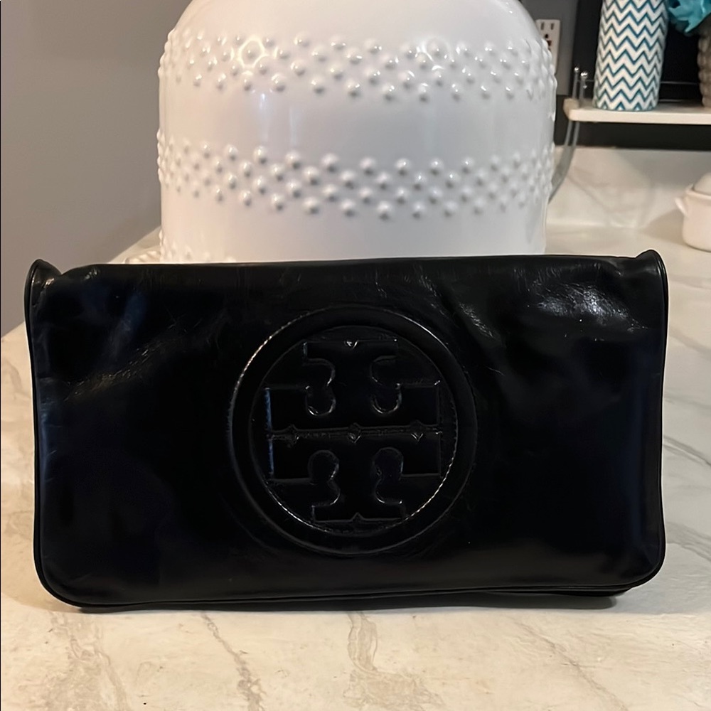 Tory Burch Black Leather Clutch/Crossbody with Embossed Logo